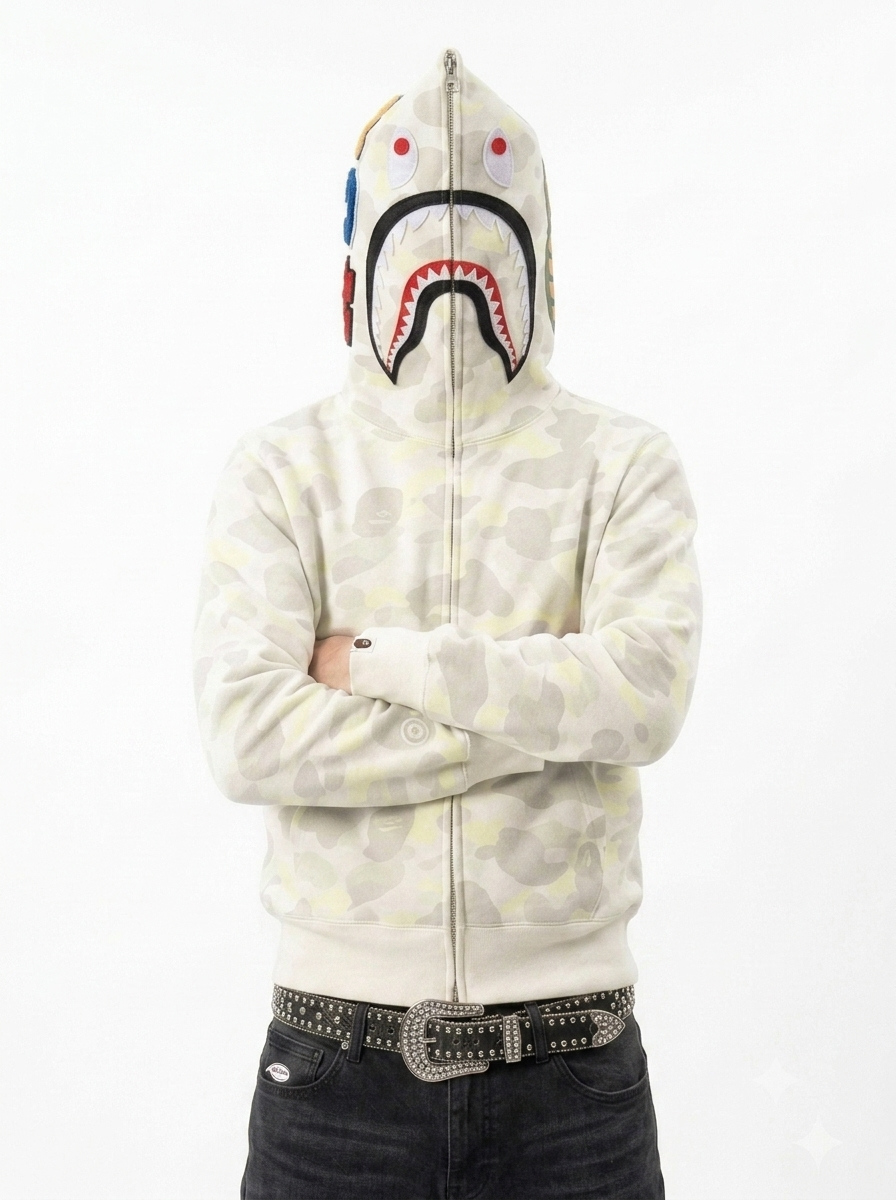 Polerón BAPE Shark Full Zip Hoodie – Camo Blanco