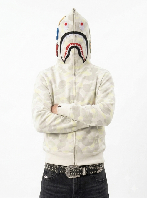 Polerón BAPE Shark Full Zip Hoodie – Camo Blanco